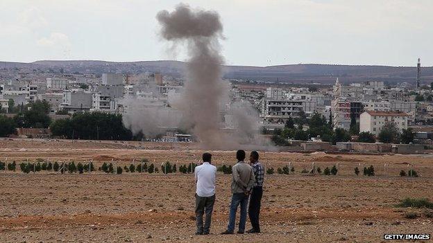 Smoke rises from a residential area near the Syrian Kurdish town of Kobane (29 September 2014)