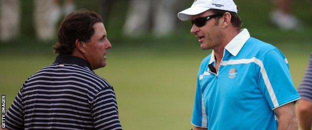 Phil Mickelson and Sir Nick Faldo in Valhalla after USA beat Europe in 2008