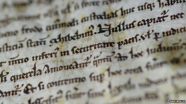 Close up of part of the text of Magna Carta in Salisbury Cathedral