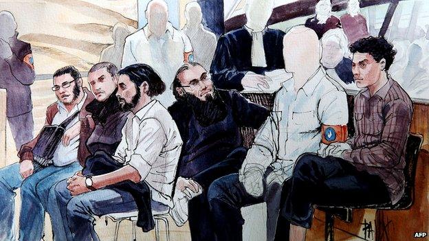 Court sketch showing Sharia4Belgium accused