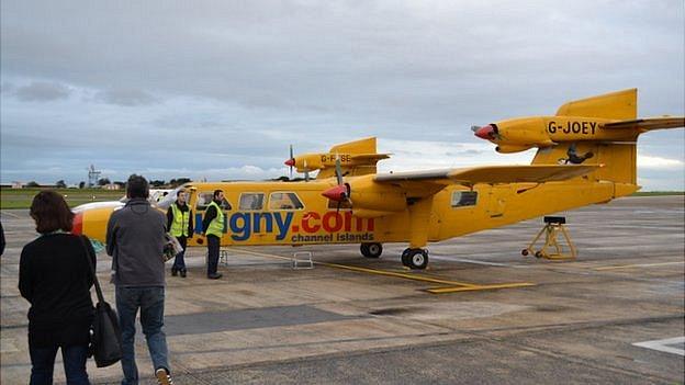 Aurigny trislanders at Guernsey Airport