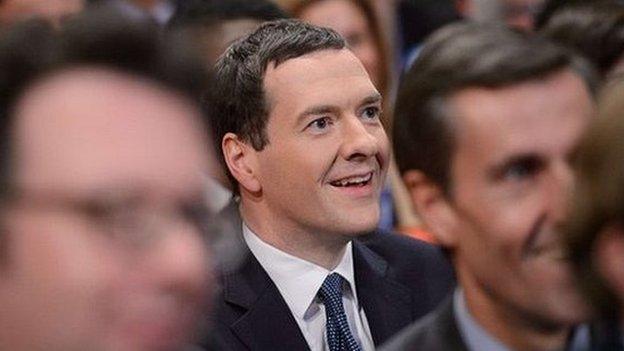 Chancellor George Osborne listening to Boris Johnson's speech