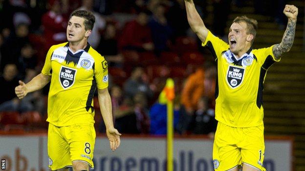 Kenny McLean and Gregg Wylde (right) celebrate at full time after St Mirren secure a point at Pittodrie