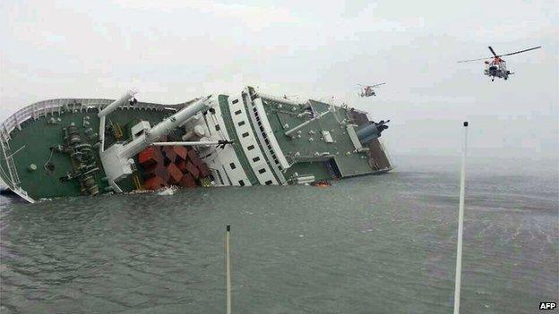 This photo taken on 16 April, 2014 shows helicopters heading to aid 476 passengers and crew aboard a South Korean ferry sinking on its way to Jeju island from Incheon, some 20 kilometres off the island of Byungpoong in Jindo