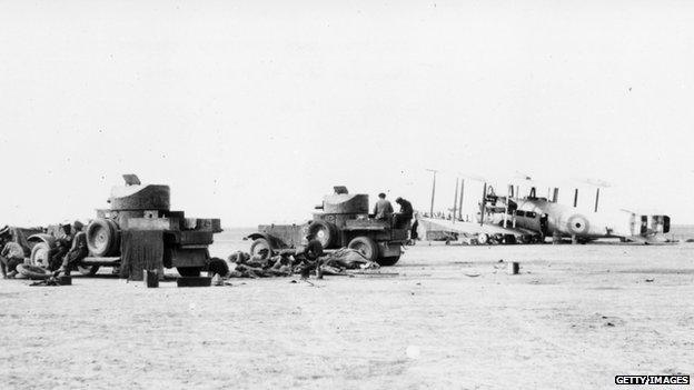 British RAF armoured cars and bomber planes on duty in Iraq during the Mesopotamia conflict