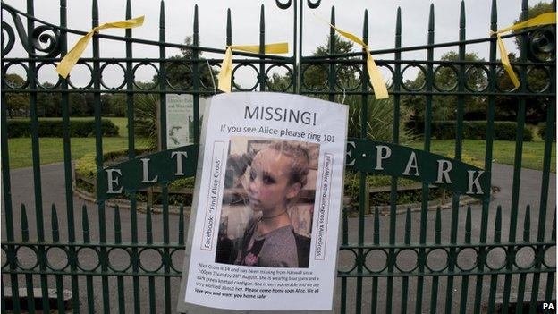 A gate adorned with yellow ribbons and a poster about Alice