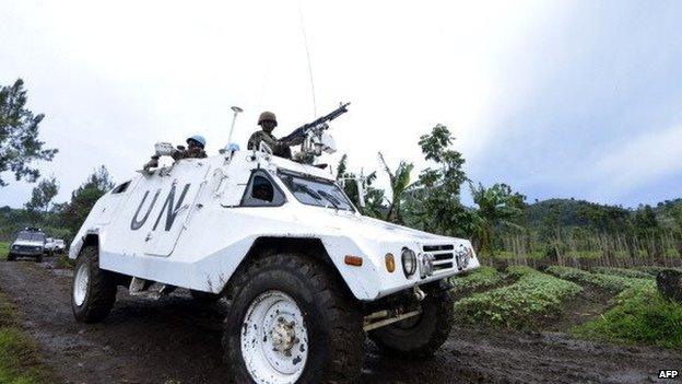 A UN mission in DR Congo armoured personnel carrier patrols on 5 November 2013 near Goma