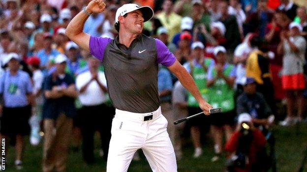 McIlroy celebrates the second of his two major wins in 2014 at Valhalla