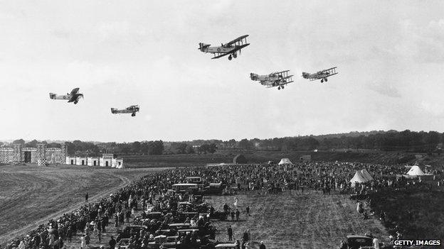 Day bombers fly over spectators at Hendon, during an RAF demonstration