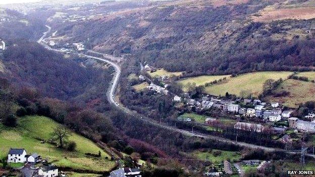 View from Gilwern Hill towards Brynmawr showing Heads of the Valleys Road, Cheltenham, Black Rock and Clydach Gorge