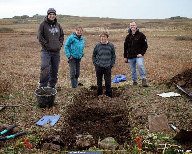 The Skomer Island Project team (L-R), Dr Oliver Davis (Cardiff University), Louise Barker (RCAHMW), Dr Bob Johnston (University of Sheffield), Dr Toby Driver