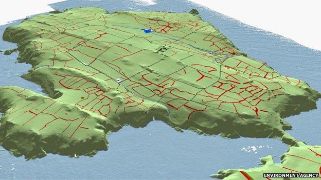 A 3D view of the prehistoric field systems (in red) overlying a terrain model generated from airborne laser scanning