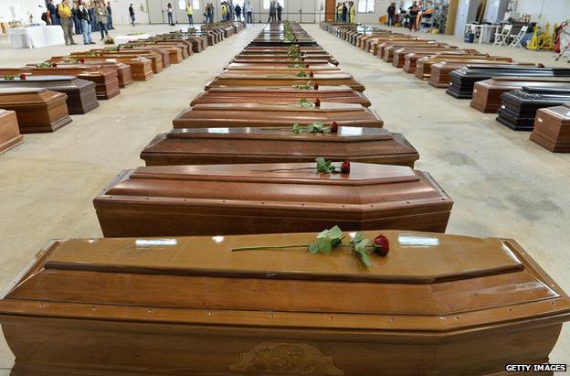 Coffins of shipwreck victims at Lampedusa airport, 5 October 2013