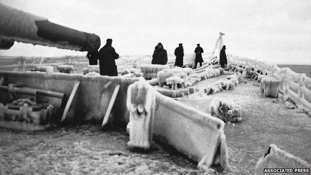 Icebound conditions on the deck of a British cruiser on 27/02/1943, during escort duty on the northern convoy route to Russia.