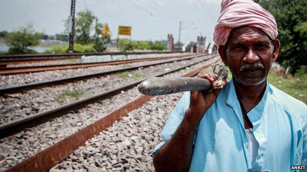 Ramdin, one of the trackmen interviewed by the BBC, speaks during his break in Allahabad