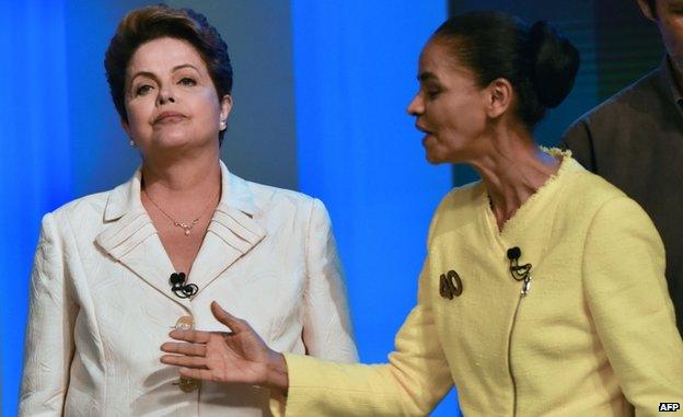 Dilma Rousseff (left) and Marina Silva are seen before their last TV debate in Rio de Janeiro, Brazil, on 2 October 2014