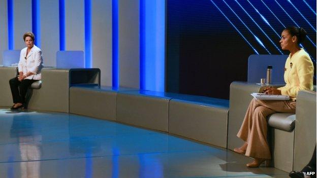 Dilma Rousseff (left) and Marina Silva are seen during their last TV debate in Rio de Janeiro, Brazil, on 2 October 2014