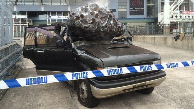 Andrew Cooper's crushed car outside the Millennium Stadium in Cardiff