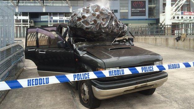 Andrew Cooper's crushed car outside the Millennium Stadium in Cardiff