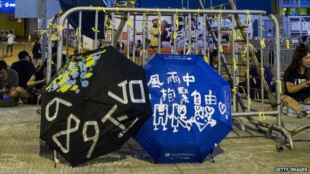 Umbrellas decorated with the number 689 in the Admiralty district of Hong Kong on 1 October 2014