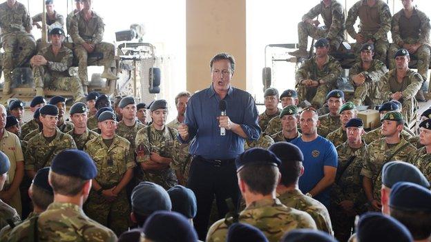 David Cameron speaking to troops at Camp Bastion