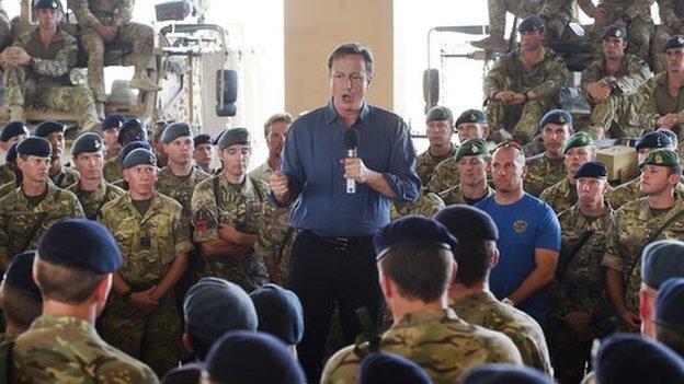 David Cameron speaking to troops at Camp Bastion