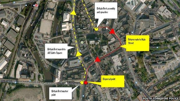 Map of route where protest is expected to take place in Rotherham
