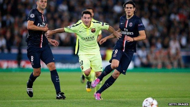 Lionel Messi, centre, in a match between Barcelona and Paris Saint-Germain in Paris, 30 September 2014