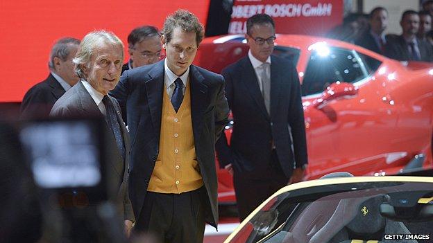 Outgoing chief executive of Ferrari Luca Cordero di Montezemolo (left) and John Elkann, chairman of Fiat with the new Ferrari 458 Speciale A