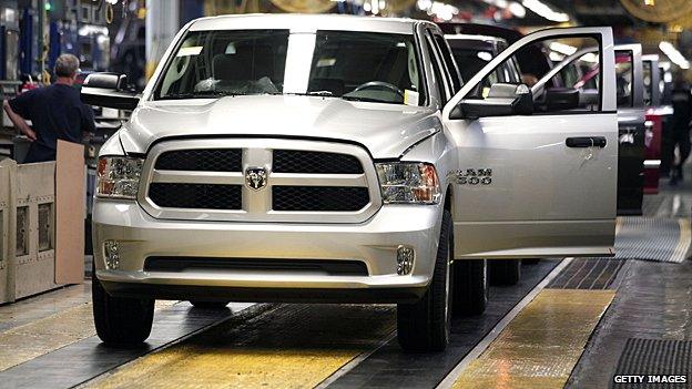 Chrysler Ram 1500 trucks come off the assembly line at the Warren Truck Assembly Plant in Michigan