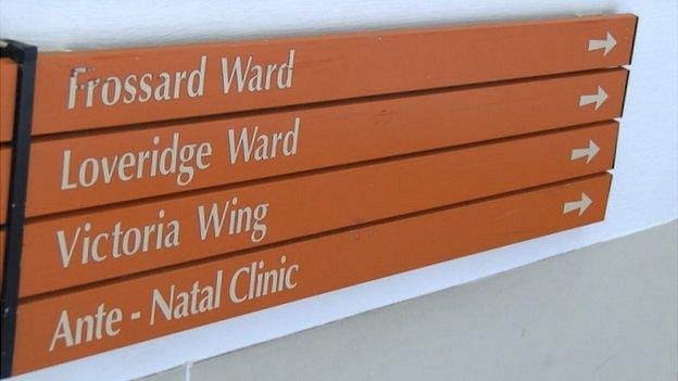 Sign in the Princess Elizabeth Hospital pointing to the Loveridge Ward, which is the maternity ward