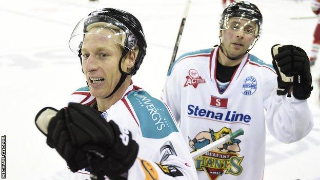 Mike Kompon shows his delight after scoring for the Belfast Giants against Cardiff