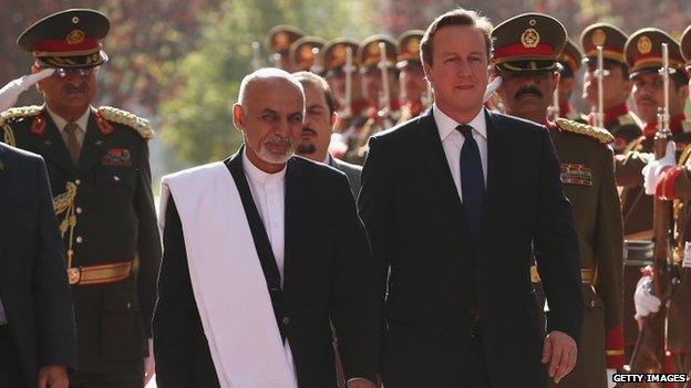 Afghan President Ashraf Ghani and UK Prime Minister David Cameron walking in front of a line of soldiers