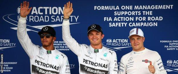 Hamilton, Rosberg & Bottas celebrate getting the three quickest times