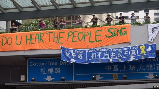 A line from Les Miserables painted on a banner in Hong Kong 30 September 2014