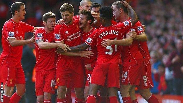 Liverpool celebrate Adam Lallana's goal