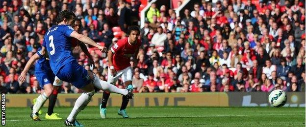 Leighton Baines takes his penalty against Manchester United