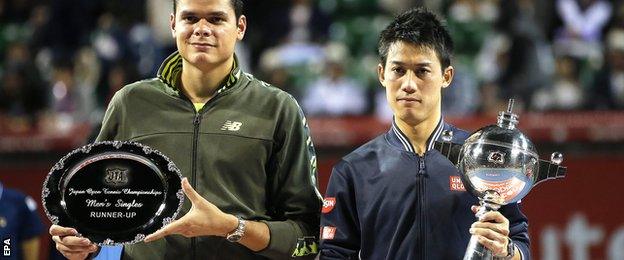 Milos Raonic (left) and Kei Nishikori, who won his fourth title of the year