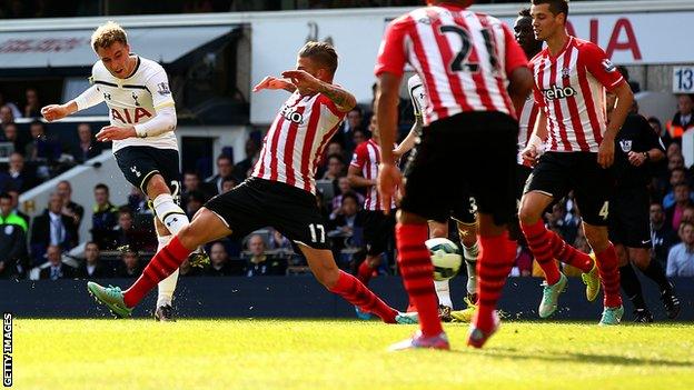 Tottenham playmaker Christian Eriksen (left) rifles in a shot to put his side in front against Southampton