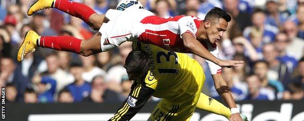 Chelsea goalkeeper Thibaut Courtois and Arsenal's Alexis Sanchez