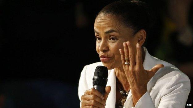 Marina Silva, Brazilian presidential candidate, speaks after the first round of voting on 5 October 2014