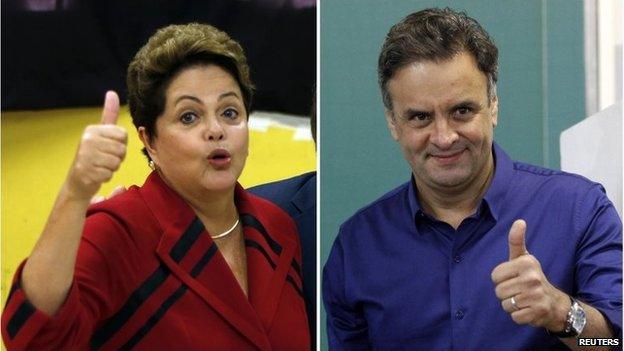 A combination photo shows presidential candidates President Dilma Rousseff (left) of the Workers" Party and Aecio Neves of the Brazilian Social Democracy Party gesturing to photographers after voting at their respective voting stations in Porto Alegre and Belo Horizonte on 5 October, 2014