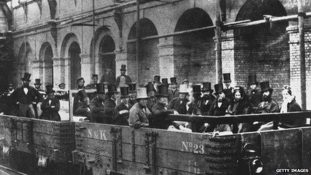 Chancellor of the Exchequer William Ewart Gladstone with directors and engineers of the Metropolitan Railway Company on an inspection tour of the world's first underground line, 24th May 1862. Built between Paddington and the City of London, it opened in January of the following year. Gladstone is seen in the front row, near right.