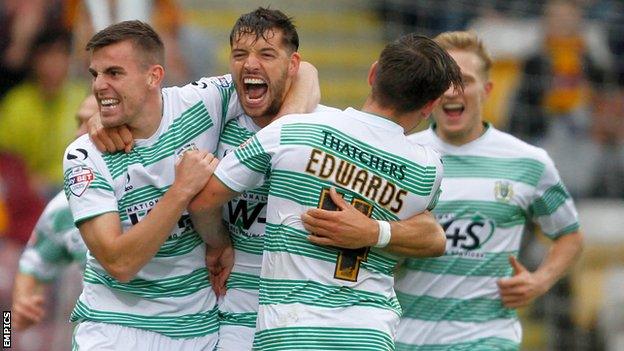 Yeovil players celebrate against Bradford