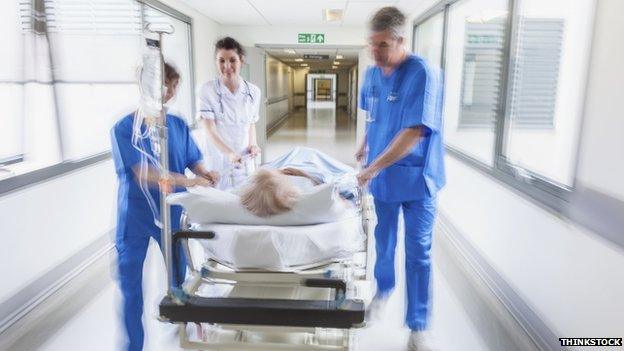 Patient on a trolley (posed by models)