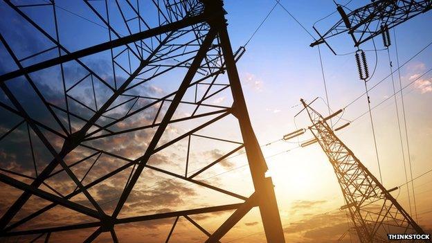 Electricity pylons at sunset