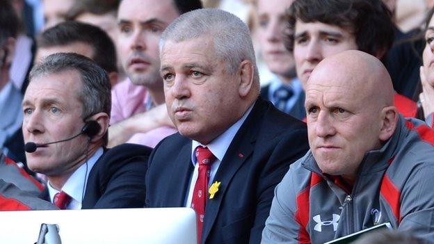 Warren Gatland flanked by assistants Rob Howley and Shaun Edwards