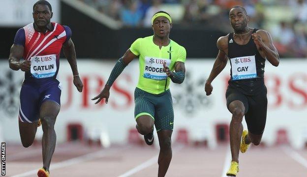 Justin Gatlin, Michael Rodgers and Tyson Gay compete at this year's Diamond League meeting in Lausanne