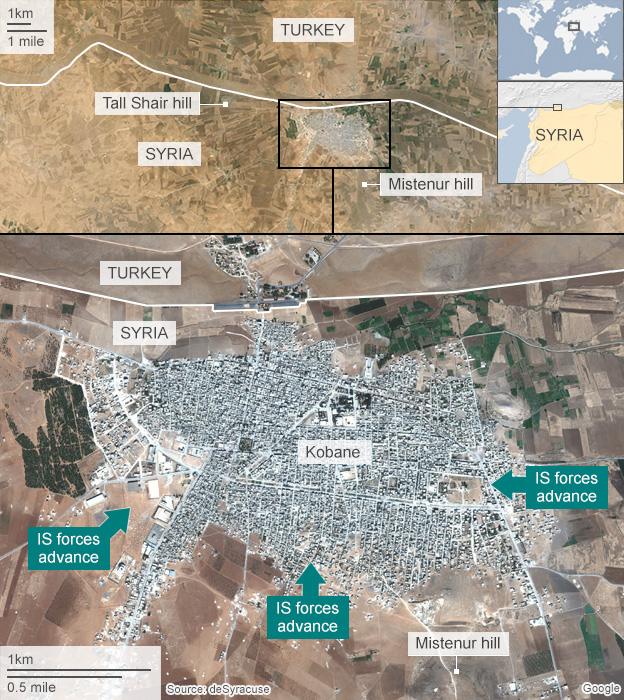 Map of Kobane showing IS advances