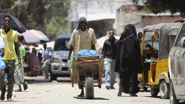 A street scene in Mogadishu, Somalia (3 October 2014)